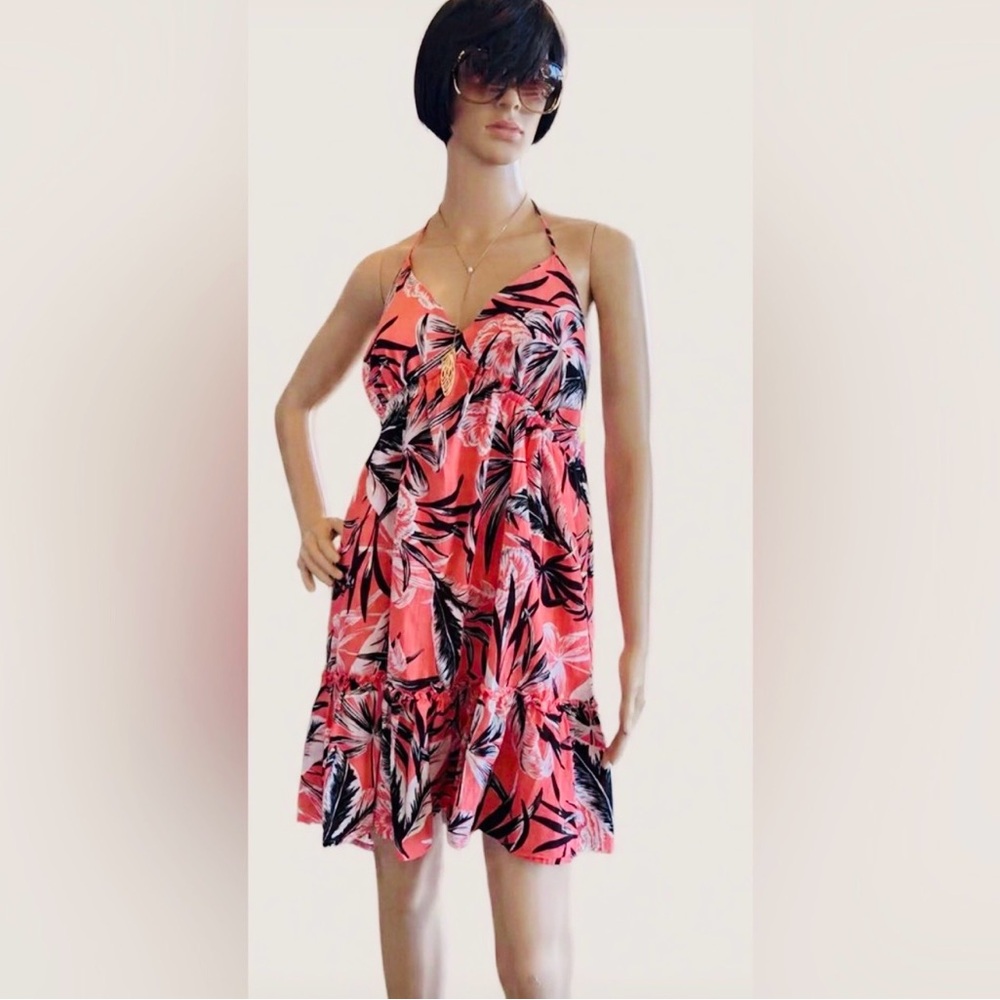 Bar III Tropical Peach & Black Floral Halter Dress Sz XL lower back elastic